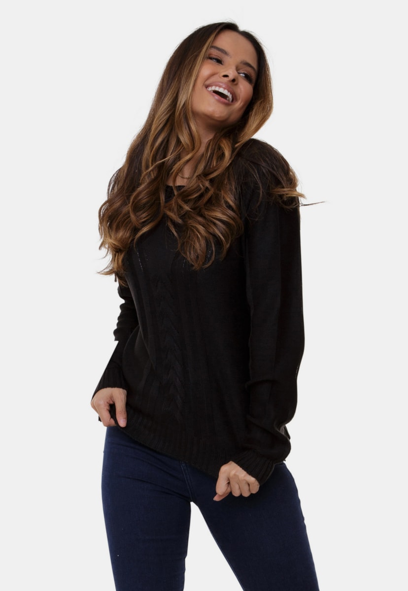 Blusa Anitta Pink Tricot de Tricô Mullet Com Trança No Meio Feminina Preto
