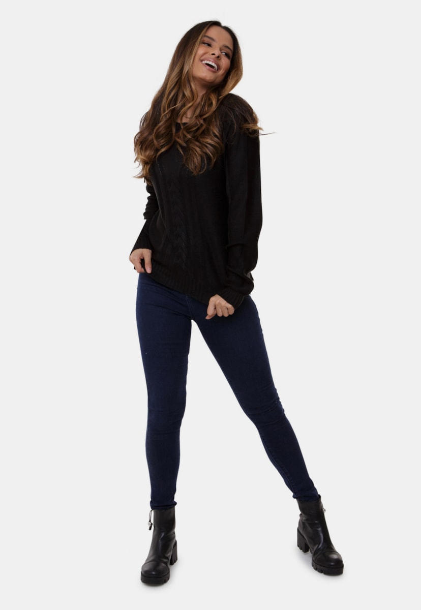 Blusa Anitta Pink Tricot de Tricô Mullet Com Trança No Meio Feminina Preto