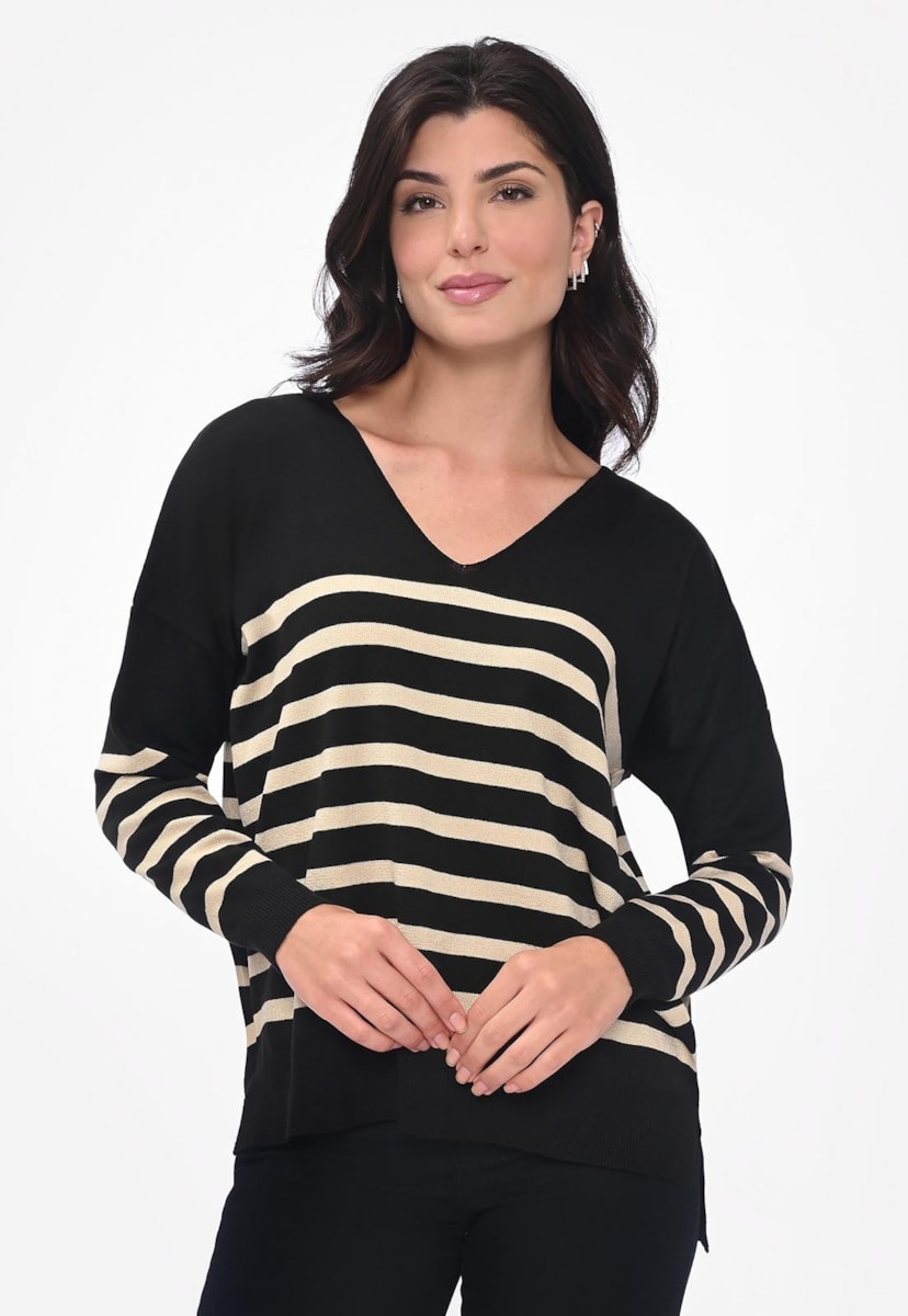 Blusa Básica Decote V Listrada Mullet Tricot Modal Feminina Preto