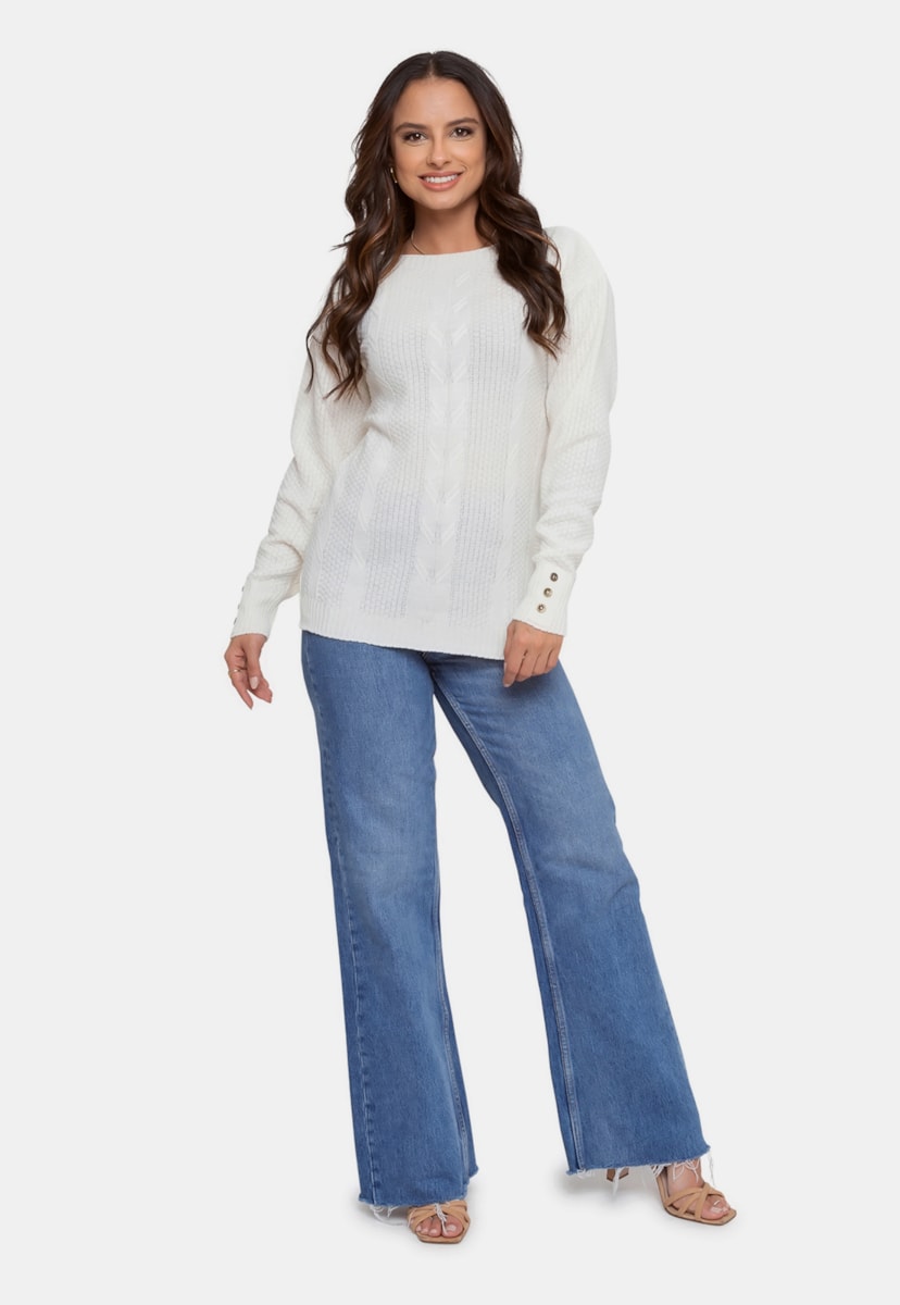 Blusa Básica Feminina Pink Tricot Manga Longa de Tricô Off White
