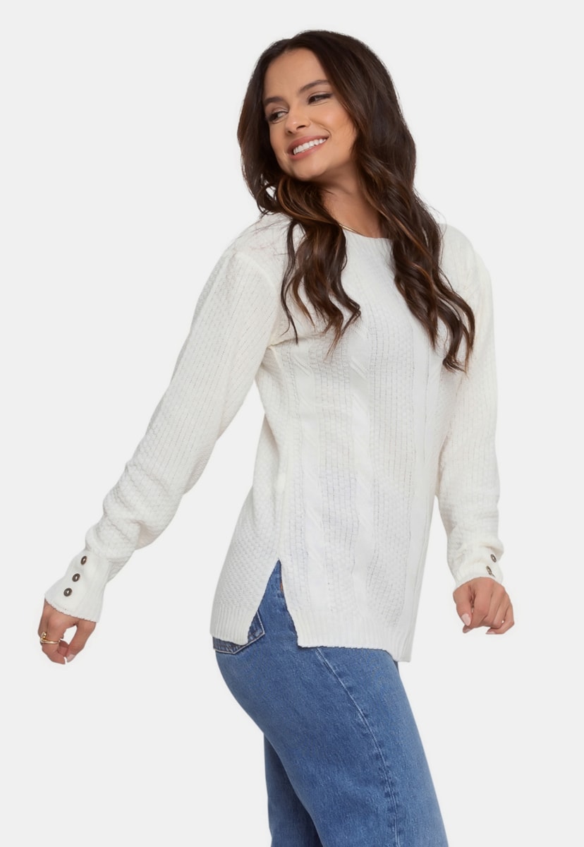 Blusa Básica Feminina Pink Tricot Manga Longa de Tricô Off White