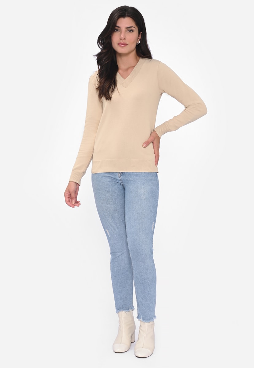 Blusa Básica Manga Longa de Tricot Decote V Feminina Bege