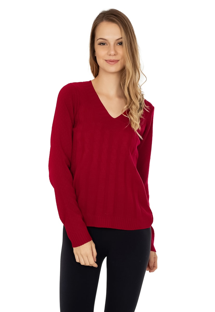 Blusa Básica Pink Tricot Manga Longa de Tricô Feminina Vermelho
