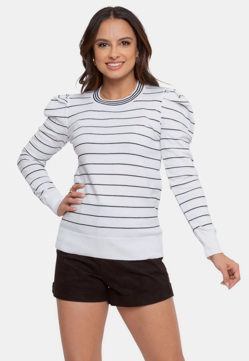 Blusa Básica Tricô Listrada Pink Tricot Bufante Feminina Branco