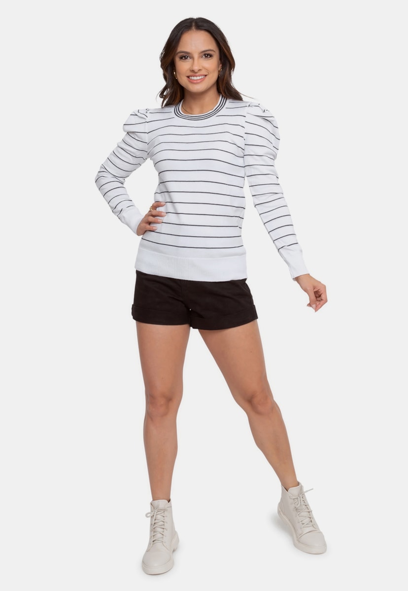 Blusa Básica Tricô Listrada Pink Tricot Bufante Feminina Branco