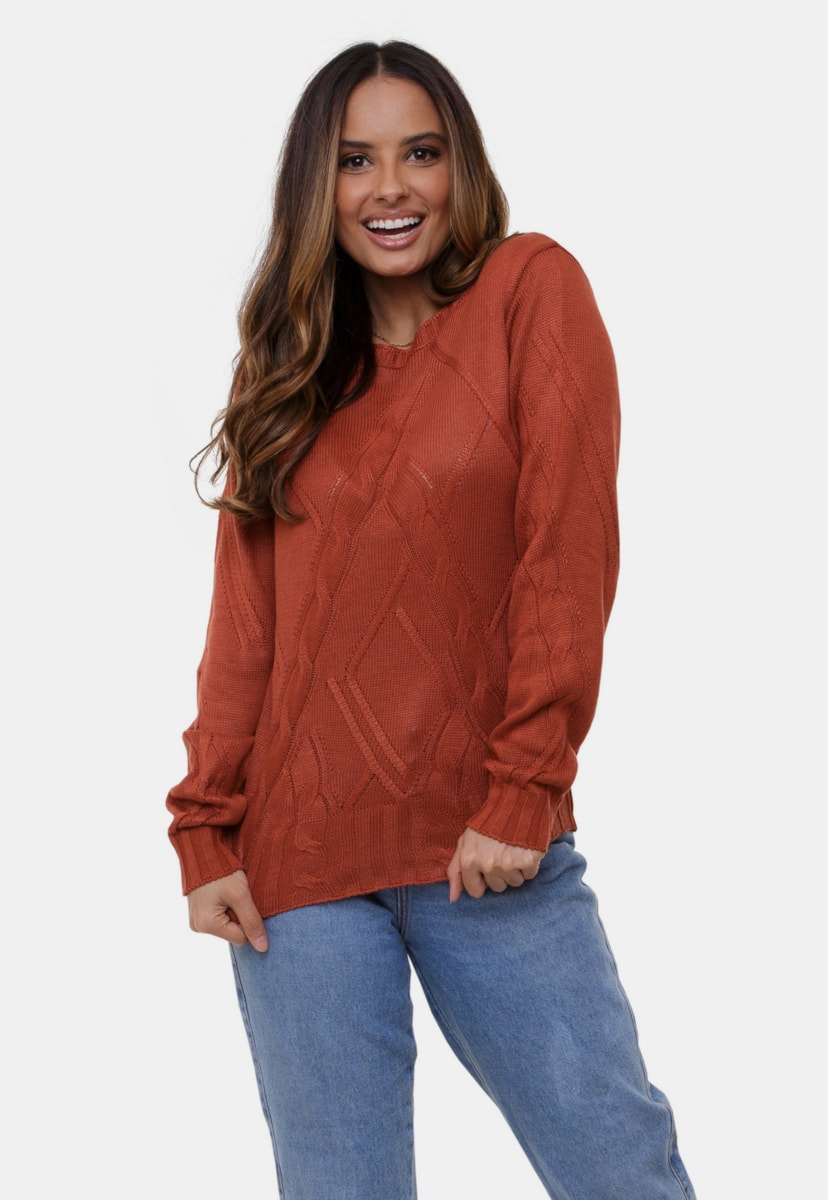 Blusa Bianca Pink Tricot de Tricô Gola Redonda Com Trança Feminina Ferrugem