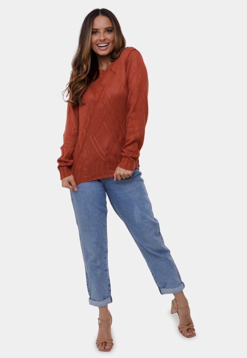 Blusa Bianca Pink Tricot de Tricô Gola Redonda Com Trança Feminina Ferrugem