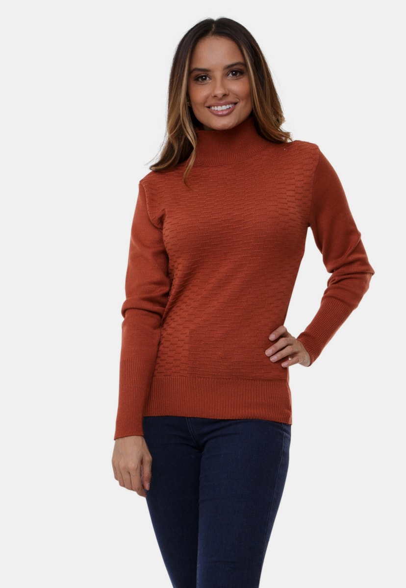Blusa Cacharrel Pink Tricot Gola Alta Colmeia Lisa De Ticô Modal Feminino Ferrugem