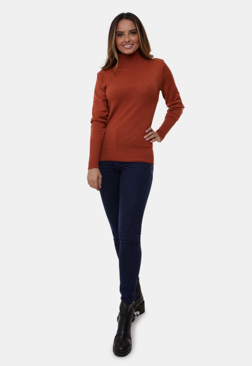 Blusa Cacharrel Pink Tricot Gola Alta Colmeia Lisa De Ticô Modal Feminino Ferrugem