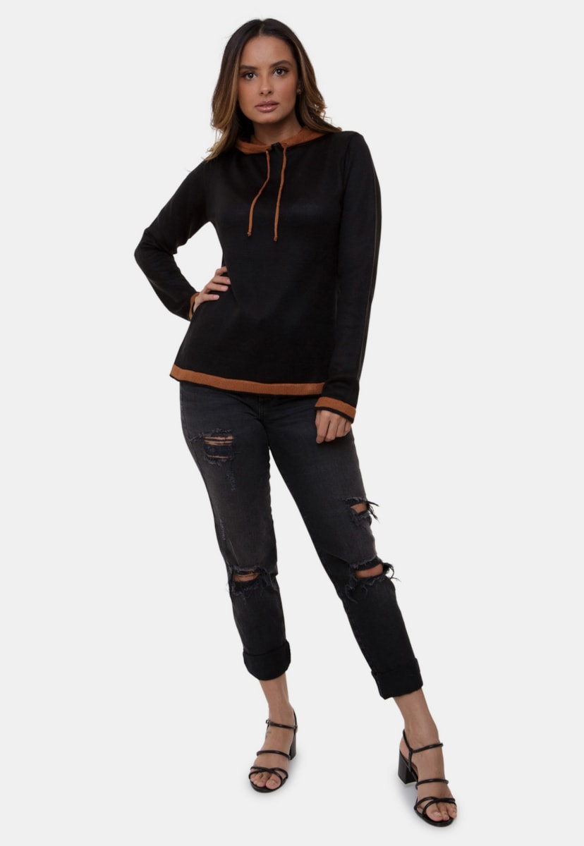Blusa Camila Pink Tricot Com Capuz de Tricô Bicolor Feminina Preto/Ferrugem