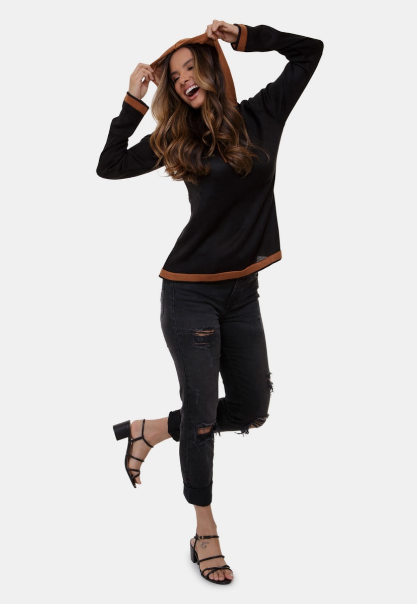 Blusa Camila Pink Tricot Com Capuz de Tricô Bicolor Feminina Preto/Ferrugem