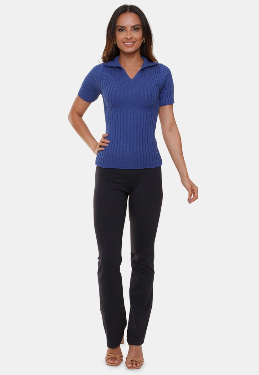 Blusa Camiseta Gola Polo Pink Tricot Amália Manga Curta de Tricô Modal Canelado Amália Com Manga Curta Feminino Azul