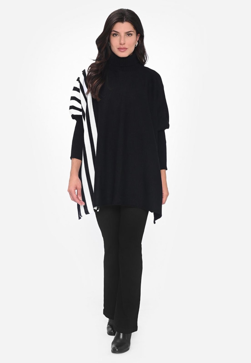 Blusa Capa Poncho Kimono Tricot Gola Alta Listras Feminino Preto