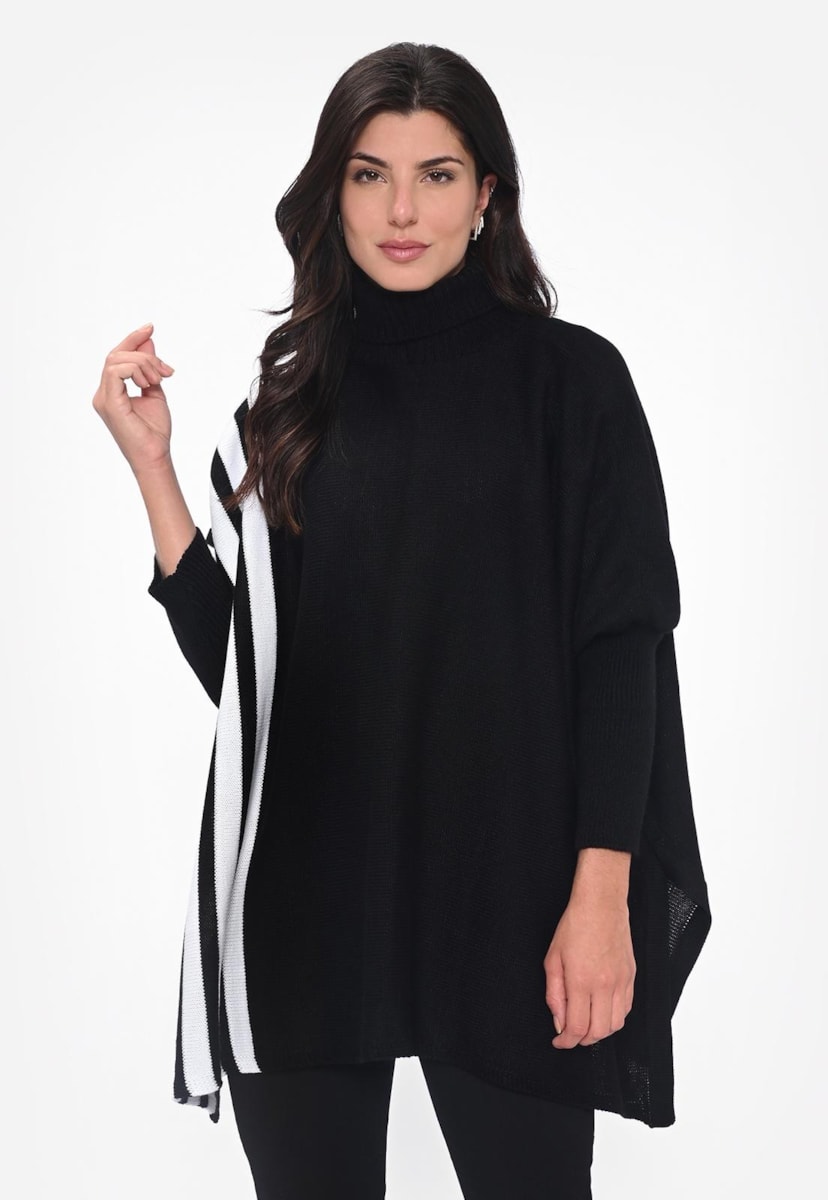Blusa Capa Poncho Kimono Tricot Gola Alta Listras Feminino Preto
