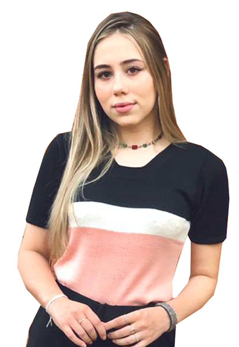 Blusa Com Manga Curta Pink Tricot De Tricô Modal E Estampa Listrada Feminina Preto