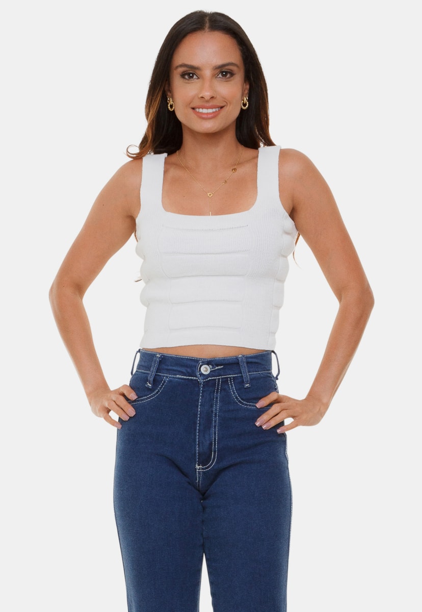 Blusa Cropped Bandagem Pink Tricot Top Com Alças de Tricô Modal Isis Feminino Branco