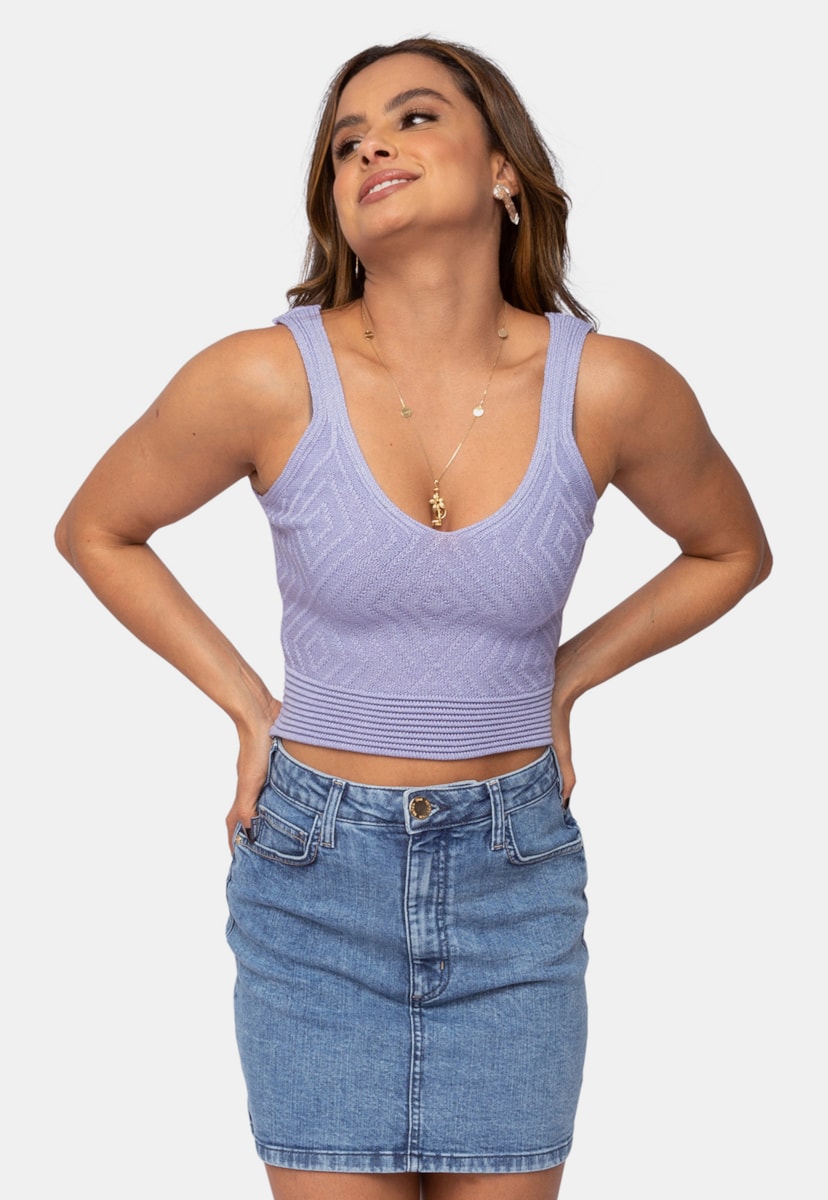 Blusa Cropped de Tricô Modal Canelado Pink Tricot Alças Feminino Lilás Carlota