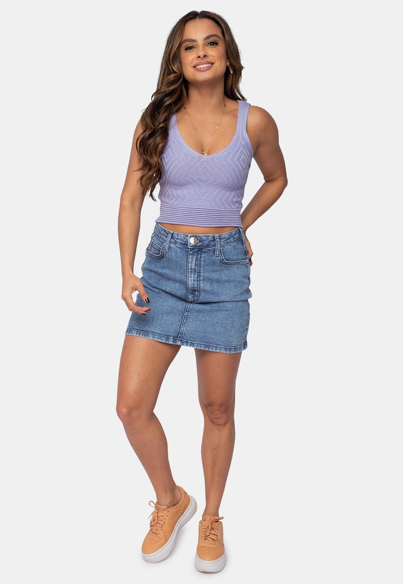 Blusa Cropped de Tricô Modal Canelado Pink Tricot Alças Feminino Lilás Carlota