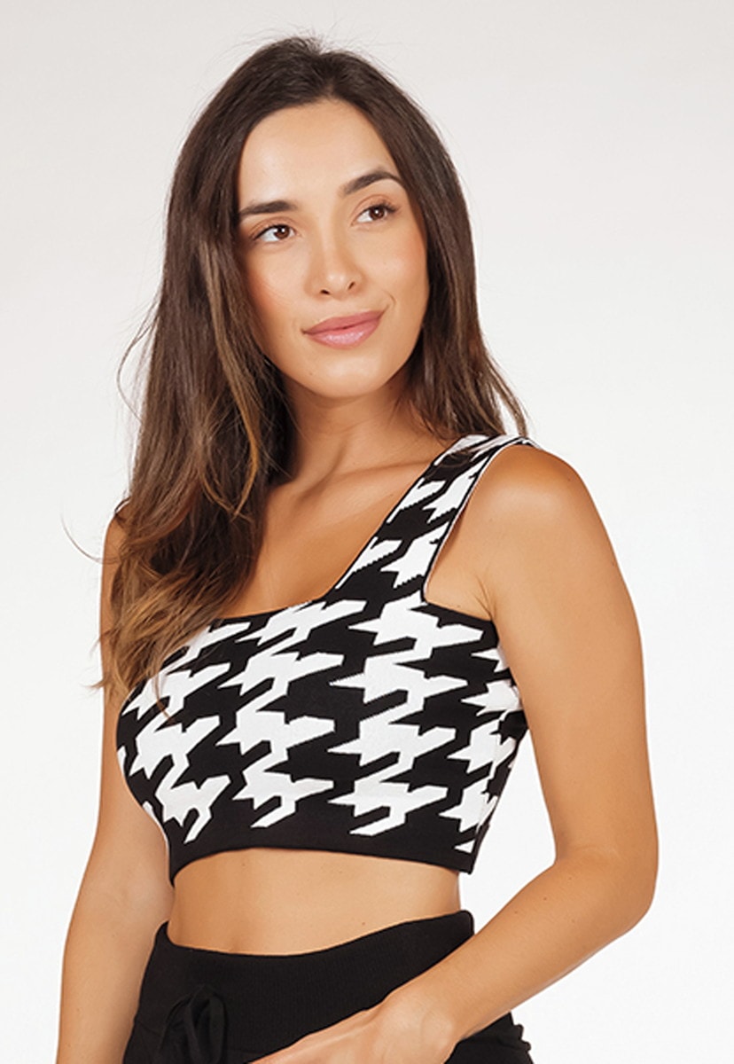 Blusa Cropped  De Tricô Modal Regata Pink Tricot Top  Reto Feminino Com Estampa Pied Poule Branco