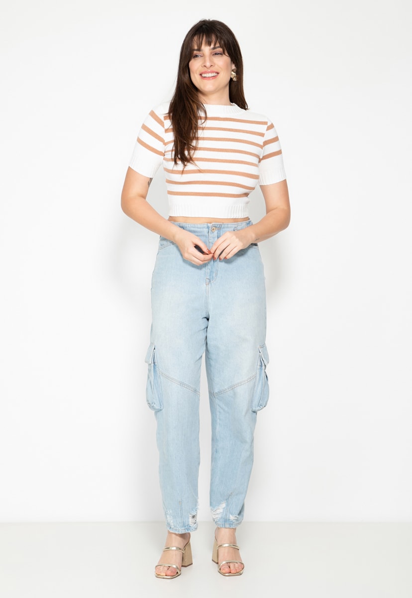 Blusa Cropped Manga Curta de Tricot Listrada Feminina Branco/Nude