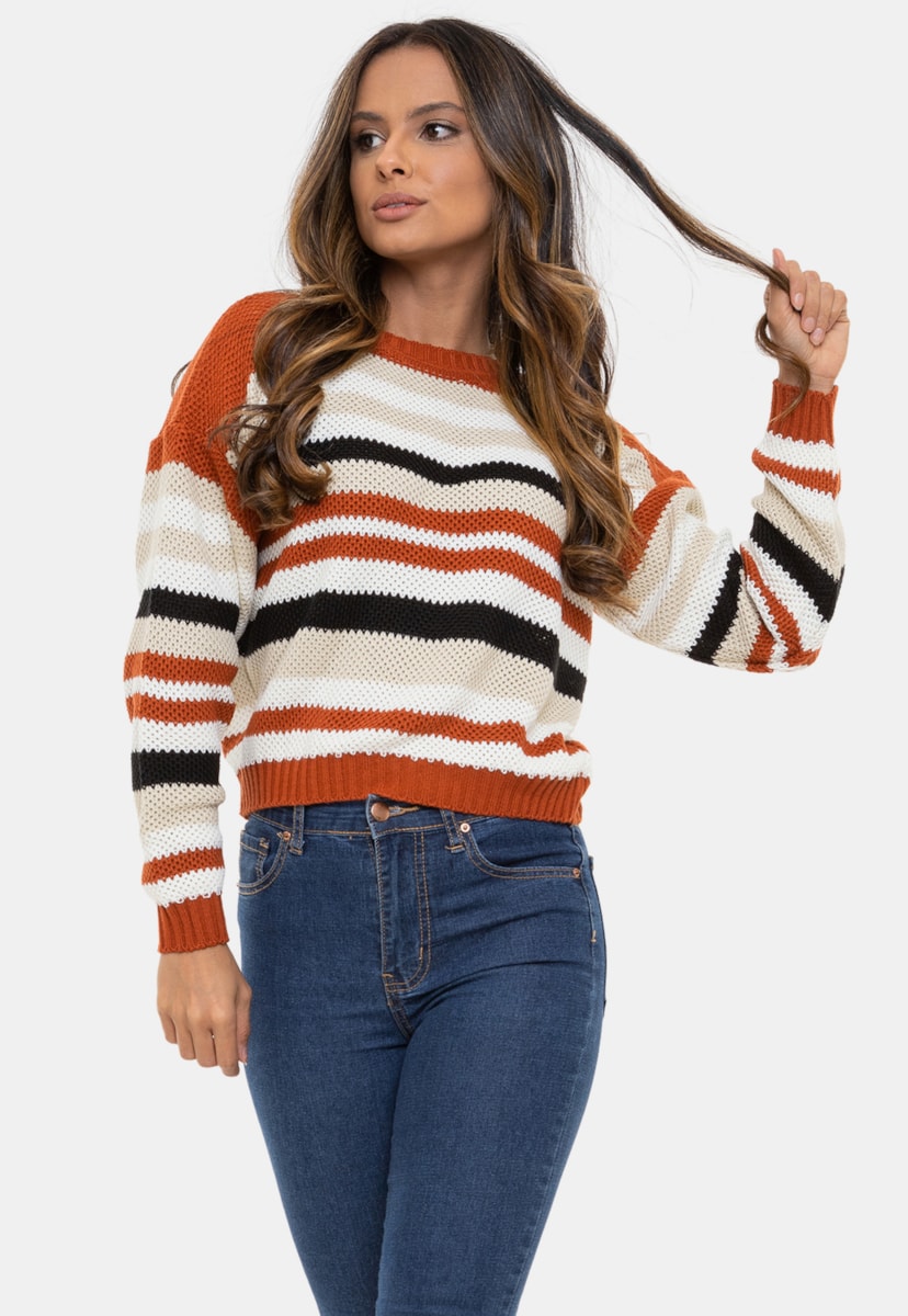 Blusa Cropped Pink Tricot Alba de Tricô com Listras Multicolorida Feminina Ferrugem/Bege