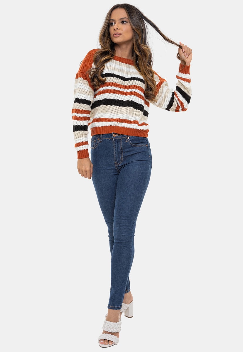 Blusa Cropped Pink Tricot Alba de Tricô com Listras Multicolorida Feminina Ferrugem/Bege