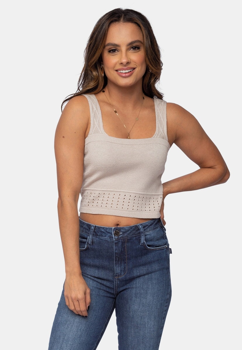 Blusa Cropped Pink Tricot Básica de Tricô Trançado na Alça Feminino Bege Vera