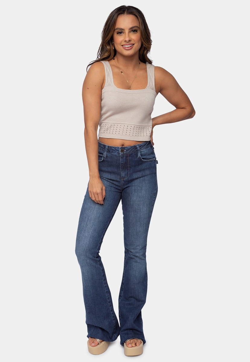 Blusa Cropped Pink Tricot Básica de Tricô Trançado na Alça Feminino Bege Vera