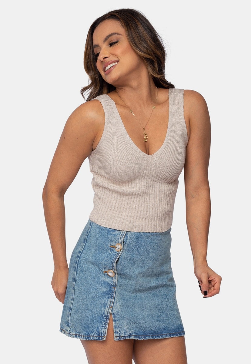 Blusa Cropped Pink Tricot de Tricô Modal Canelado e Alça Feminino Bege Irene