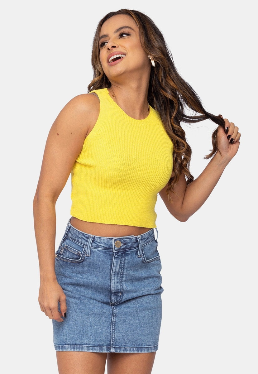 Blusa Cropped Pink Tricot de Tricô Modal Canelado e Decote Redondo Feminino Amarelo Alfreda