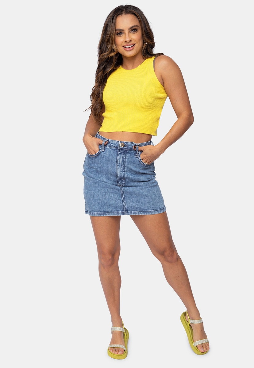 Blusa Cropped Pink Tricot de Tricô Modal Canelado e Decote Redondo Feminino Amarelo Alfreda