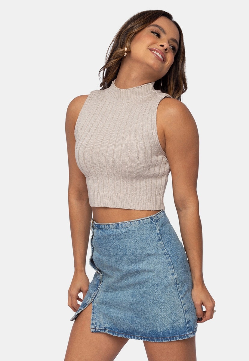 Blusa Cropped Pink Tricot de Tricô Modal Canelado e Gola Alta Feminino Bege Tânia