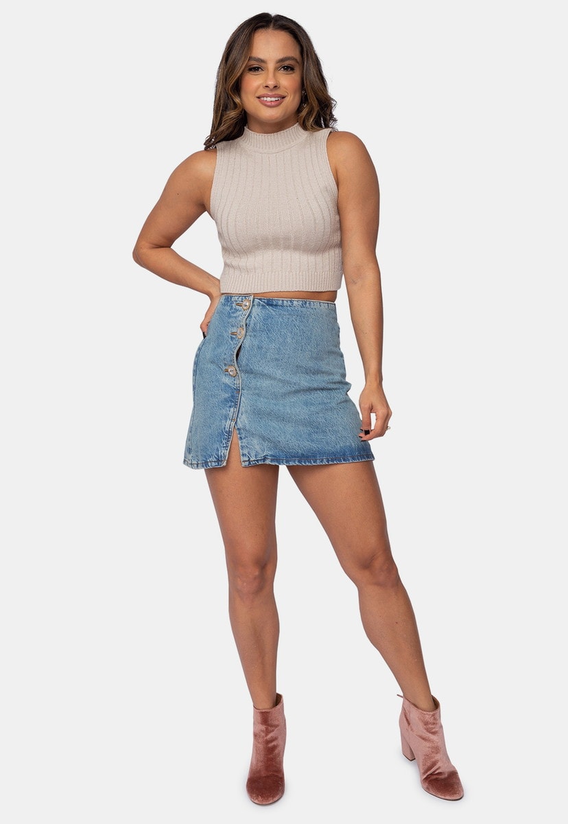Blusa Cropped Pink Tricot de Tricô Modal Canelado e Gola Alta Feminino Bege Tânia