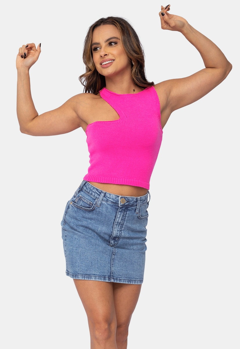 Blusa Cropped Pink Tricot de Tricô Modal e Recorte no Ombro Feminino Rosa Alberta