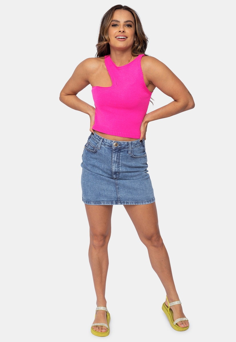 Blusa Cropped Pink Tricot de Tricô Modal e Recorte no Ombro Feminino Rosa Alberta