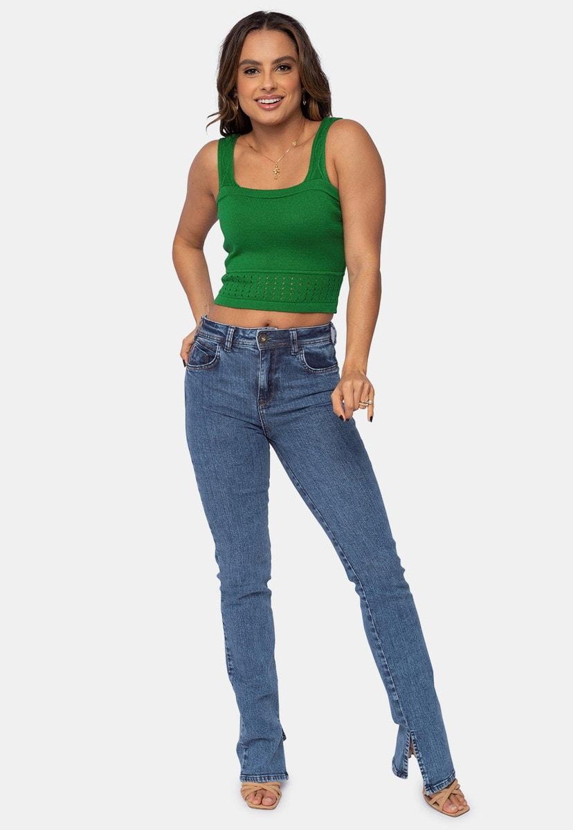 Blusa Cropped Pink Tricot de Tricô Modal Liso e Tranças na Alça e Decote Quadrado Feminino Verde Vera