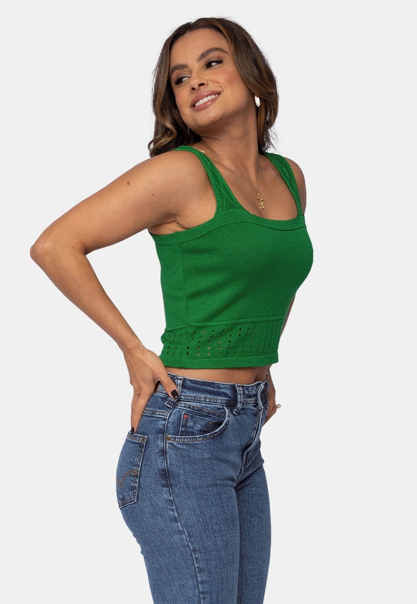 Blusa Cropped Pink Tricot de Tricô Modal Liso e Tranças na Alça e Decote Quadrado Feminino Verde Vera