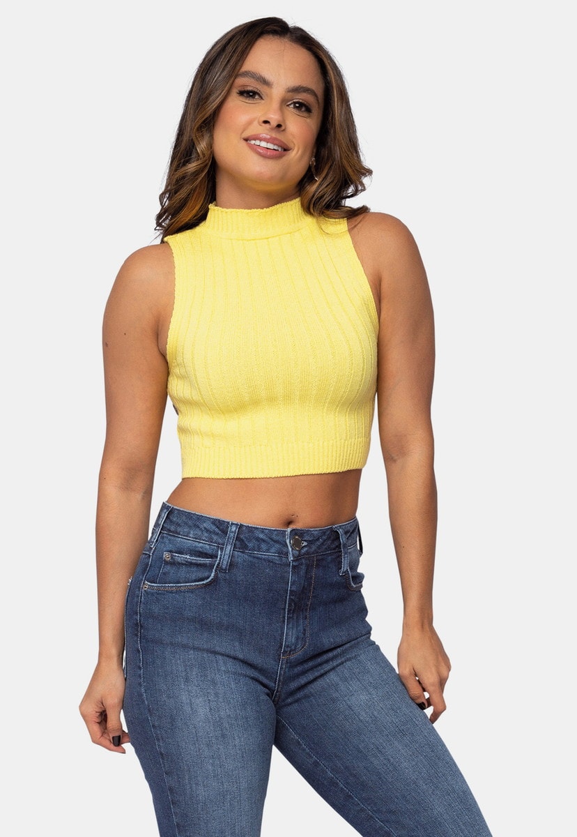 Blusa Cropped Pink Tricot Gola alta de Tricô Modal Feminino Amarelo Tânia