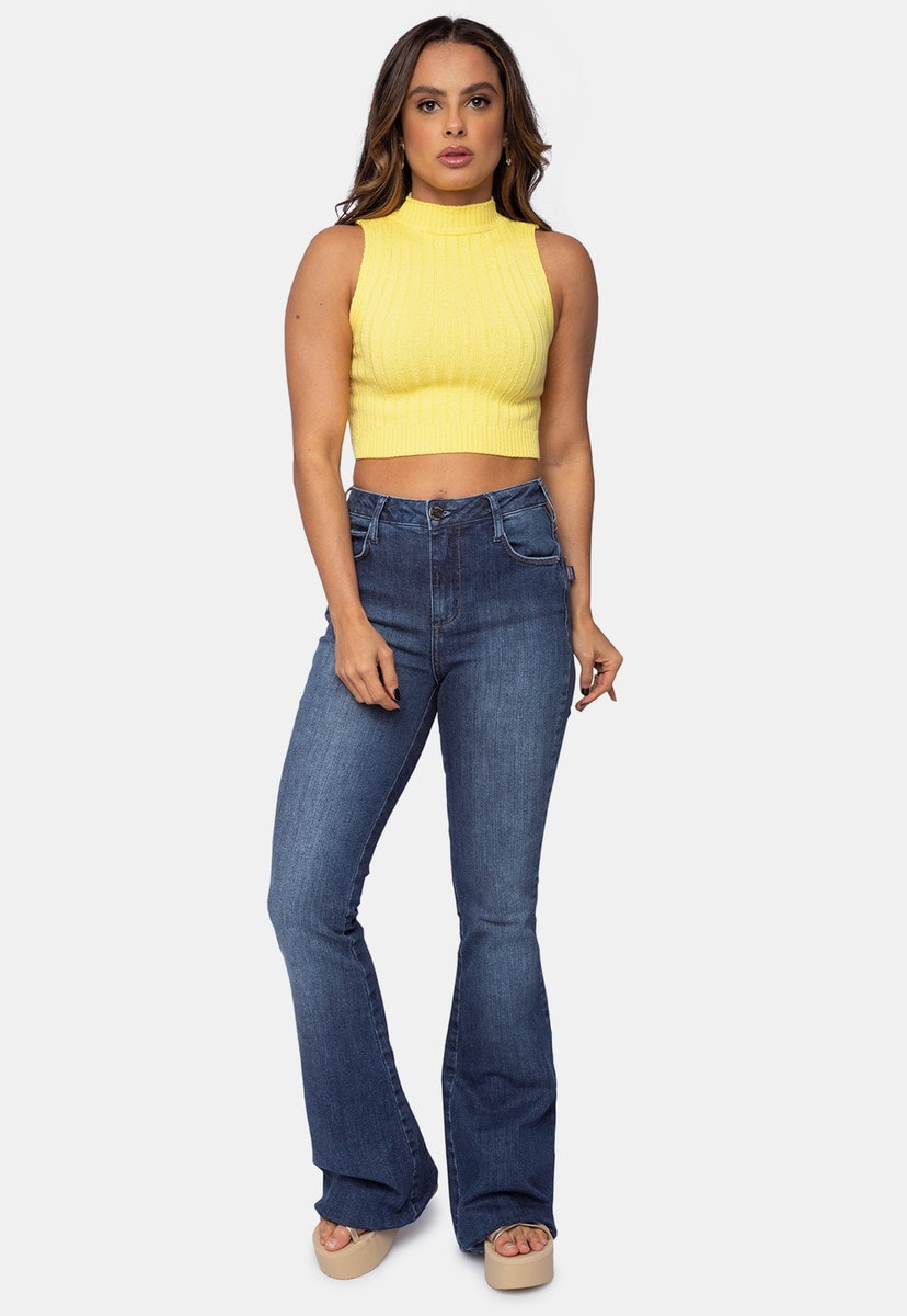 Blusa Cropped Pink Tricot Gola alta de Tricô Modal Feminino Amarelo Tânia