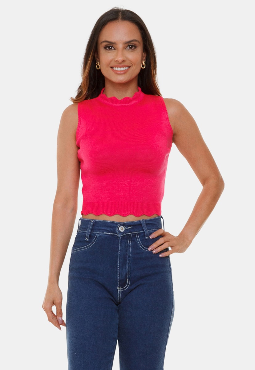 Blusa Cropped Pink Tricot  Manuela de Tricô Modal Decote Redondo e Gola Alta Feminino Pink