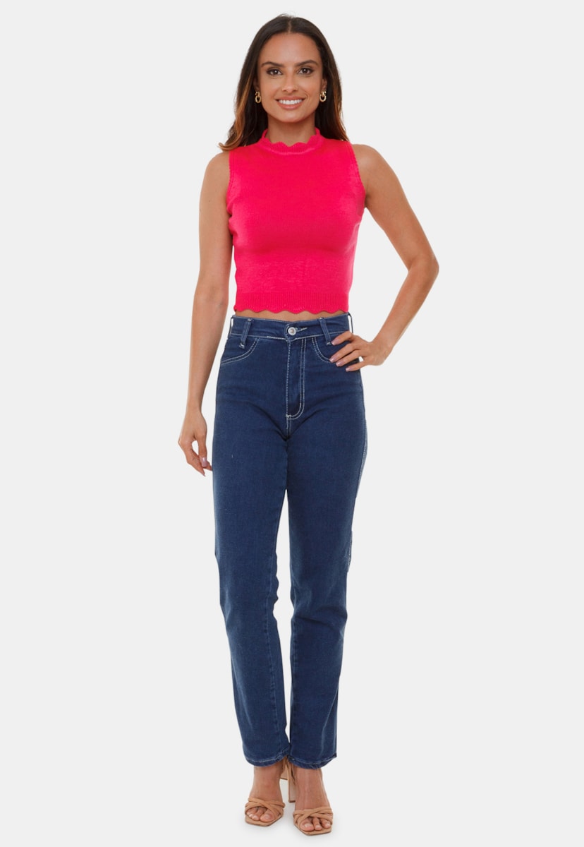 Blusa Cropped Pink Tricot  Manuela de Tricô Modal Decote Redondo e Gola Alta Feminino Pink