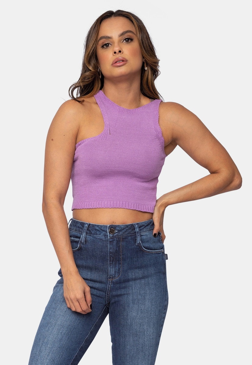 Blusa Cropped Pink Tricot Modal Detalhe no Ombro Feminino Lilás Alberta