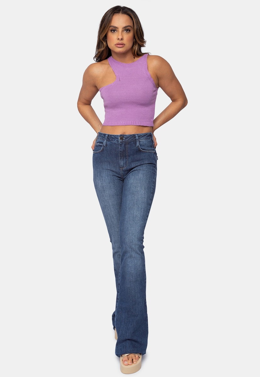 Blusa Cropped Pink Tricot Modal Detalhe no Ombro Feminino Lilás Alberta