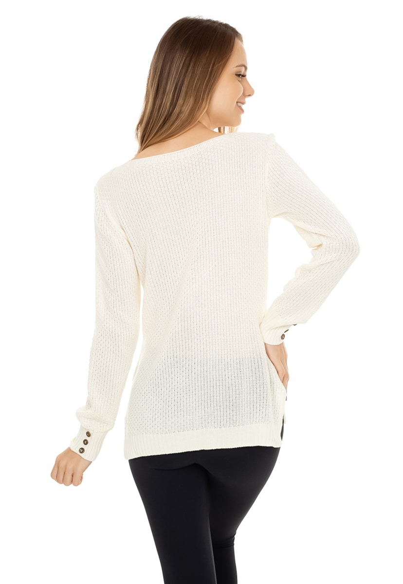 Blusa de Frio Pink Tricot Manga Longa de Tricô Feminina Off White