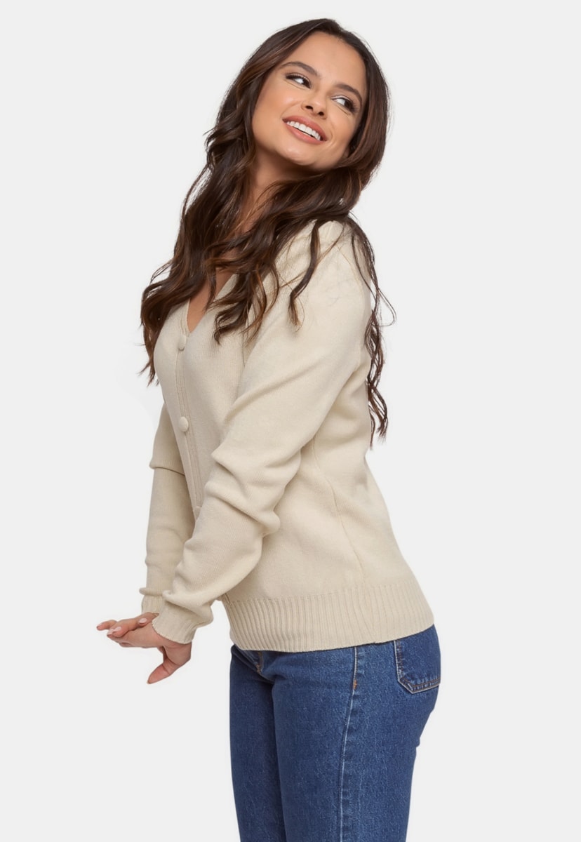 Blusa de Frio Pink Tricot Manga Longa Tricô Botões Feminina Bege