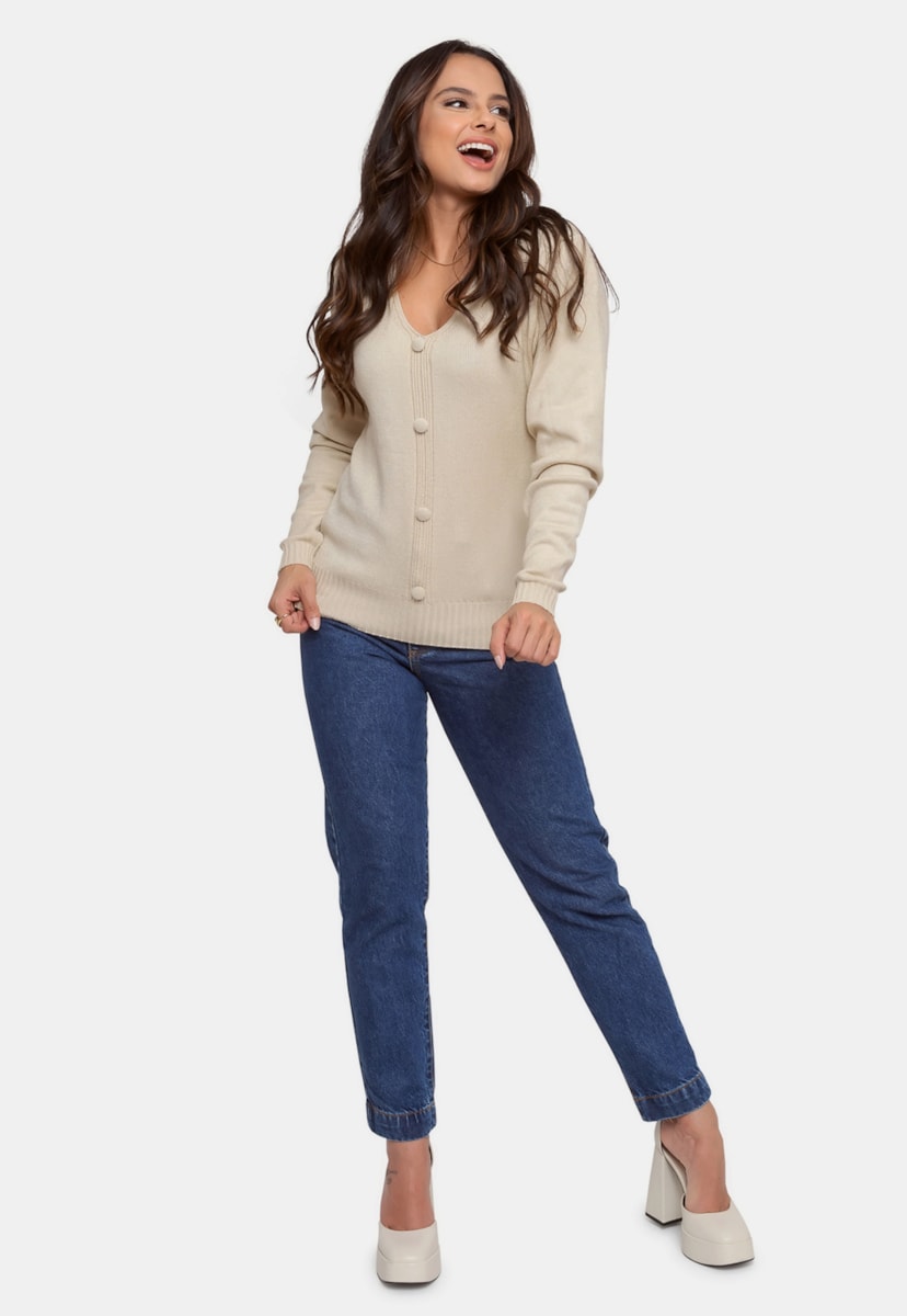 Blusa de Frio Pink Tricot Manga Longa Tricô Botões Feminina Bege