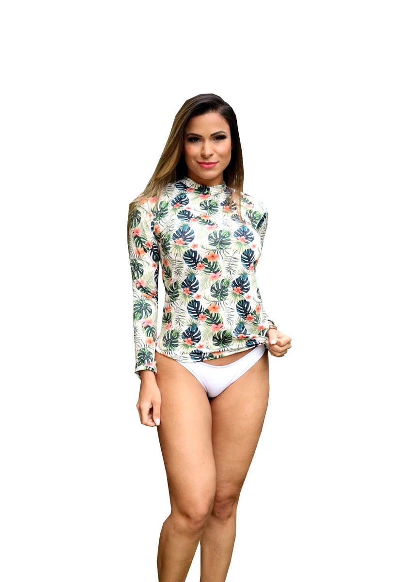 Blusa de Manga Longa Pink Tricot Com Proteção UV Estampada Feminino Branco/Verde