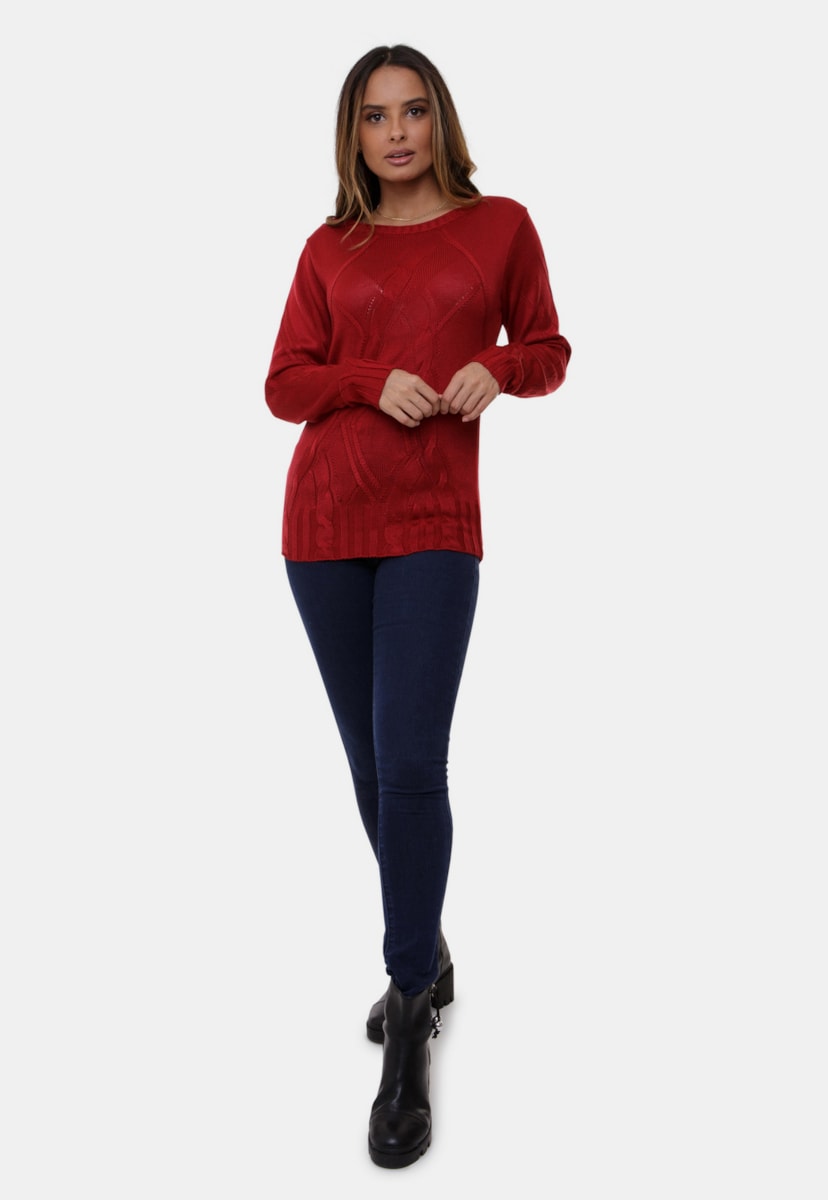Blusa De Tricô Bianca Pink Tricot Com Trança E Gola Redonda Feminina Vermelho
