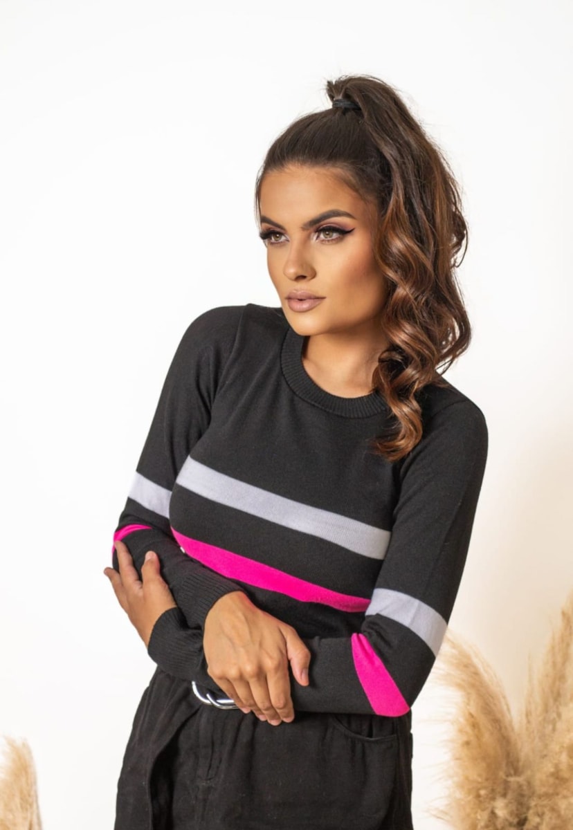 Blusa de Tricô Listras Pink Tricot Manga Longa Feminina Preto