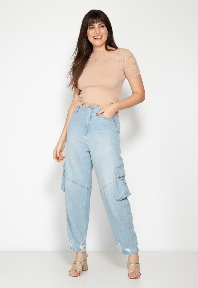 Blusa de Tricô Manga Curta Pink Tricot Detalhe Ombro Feminina Nude